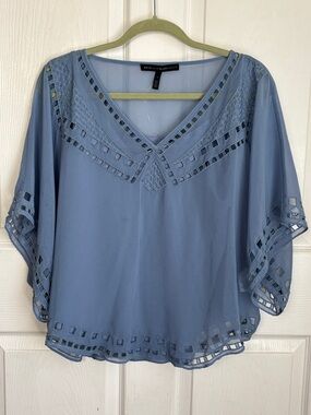 White House Black Market Dusty Blue Sheer V-Neck Cutout Blouse tank liner Size S